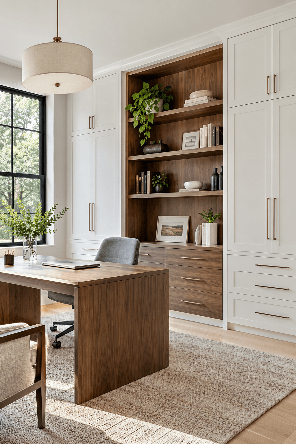 Home office with built-in desk and cabinet storage