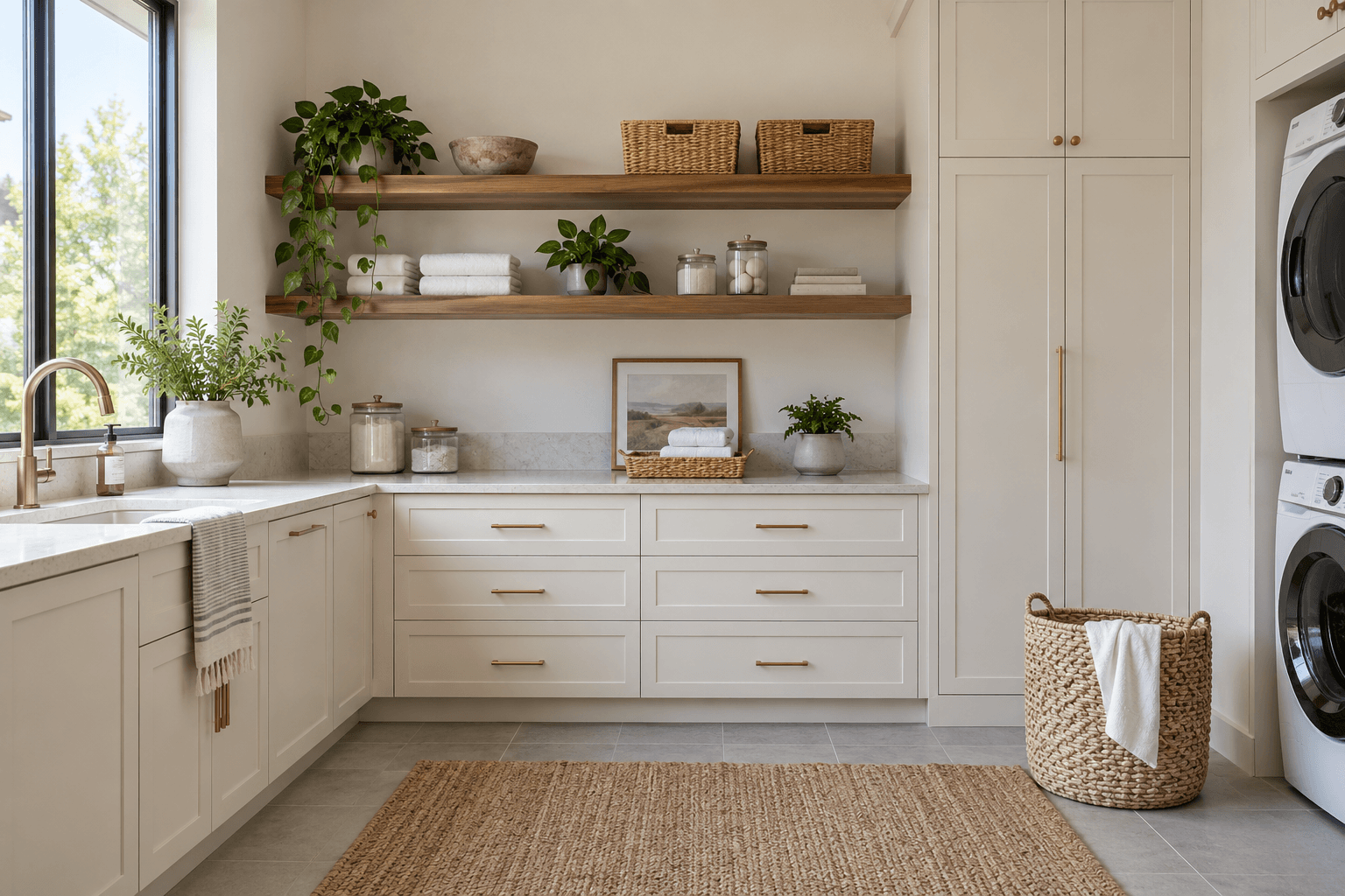 Organized laundry room with cabinetry and work surface