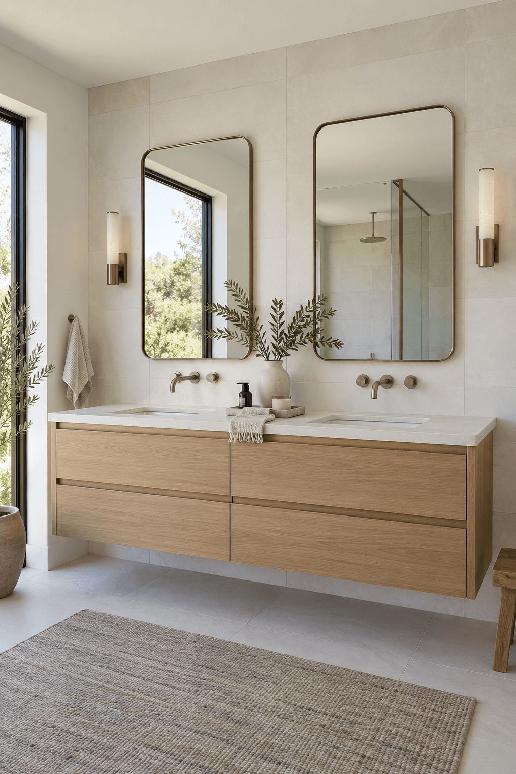 Bright bathroom with coordinated vanity and storage